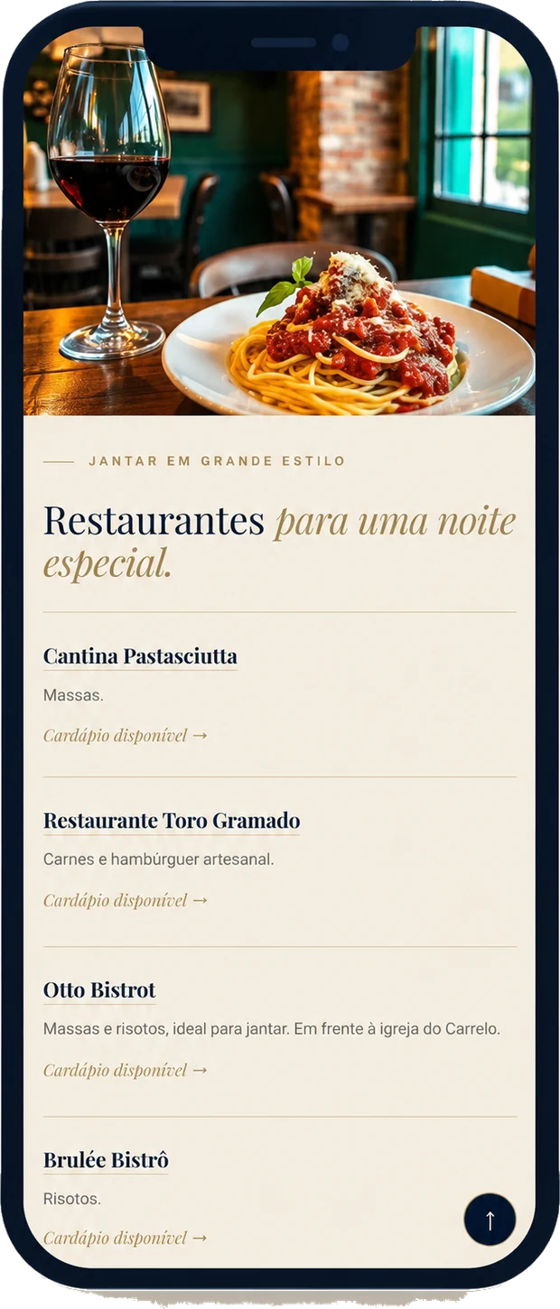 Guia web de Gramado no celular, seção de restaurantes