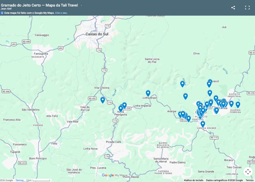 Mapa da Tali Travel com 93 lugares em Gramado e Canela