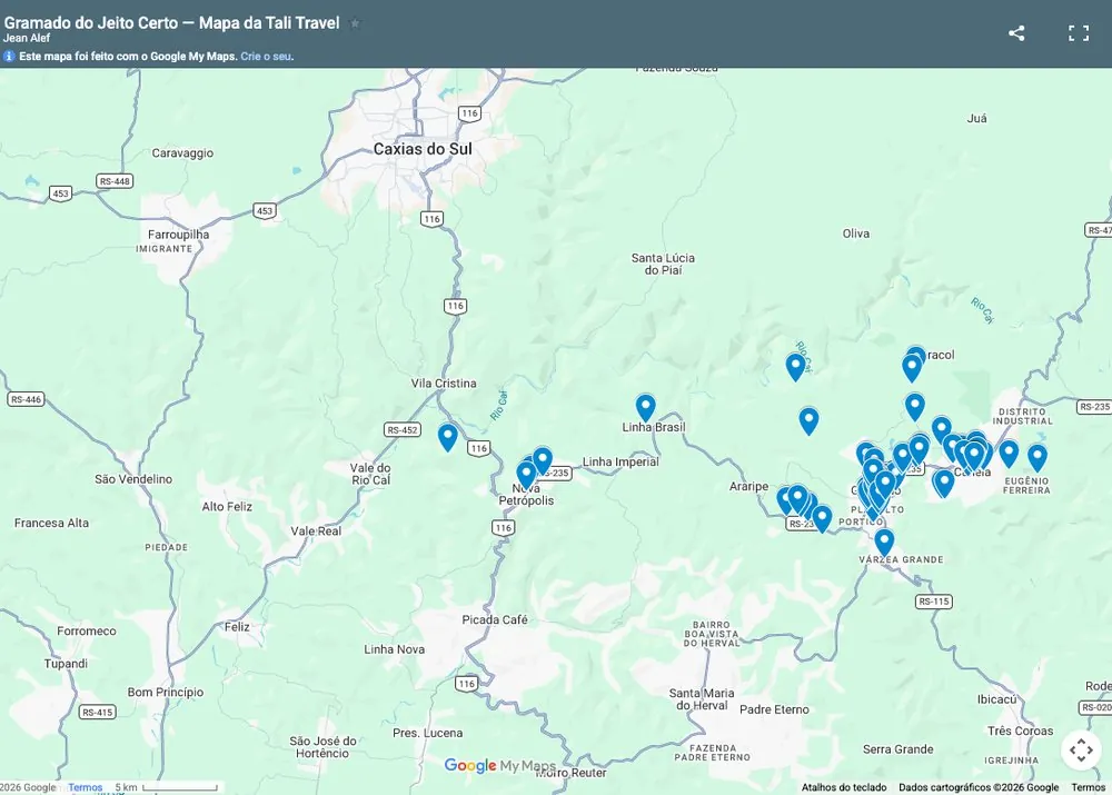 Mapa da Tali Travel com 93 lugares em Gramado e Canela