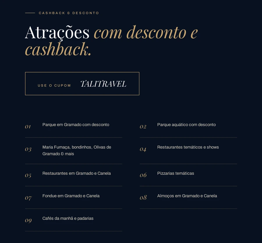 Página do guia com o cupom de desconto e cashback nas atrações e restaurantes