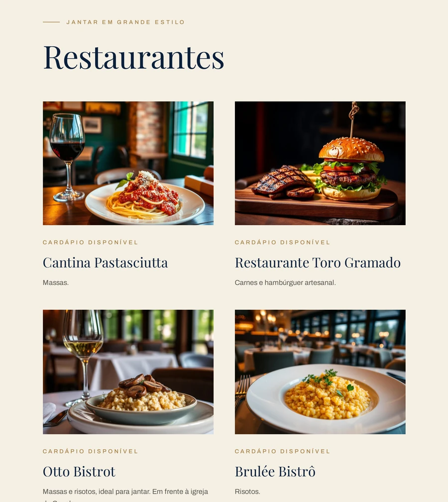 Página do guia com restaurantes indicados, cada um com foto e cardápio