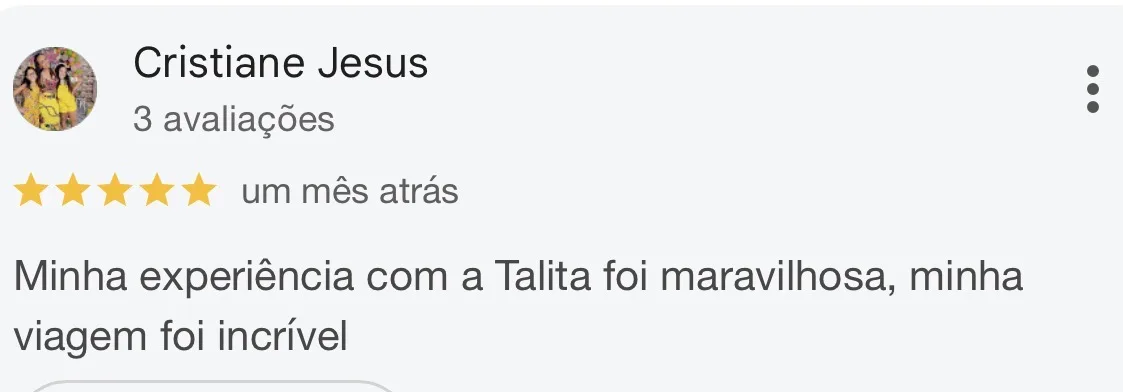 Avaliação 5 estrelas de Cristiane Jesus: experiência maravilhosa, viagem incrível.