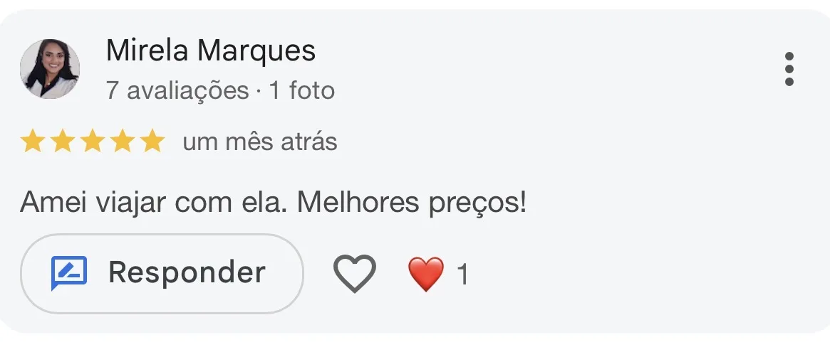 Avaliação 5 estrelas de Mirela Marques: amei viajar com ela, melhores preços.