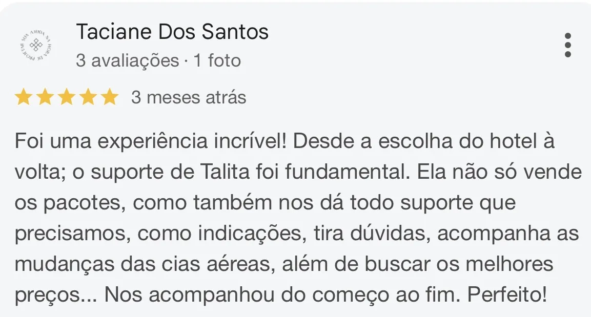 Avaliação 5 estrelas de Taciane dos Santos: suporte de Talita foi fundamental do começo ao fim.