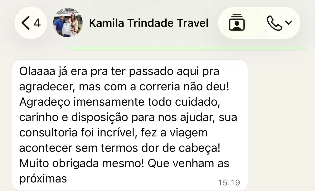 Mensagem de Kamila Trindade: consultoria incrível, fez a viagem acontecer sem dor de cabeça.